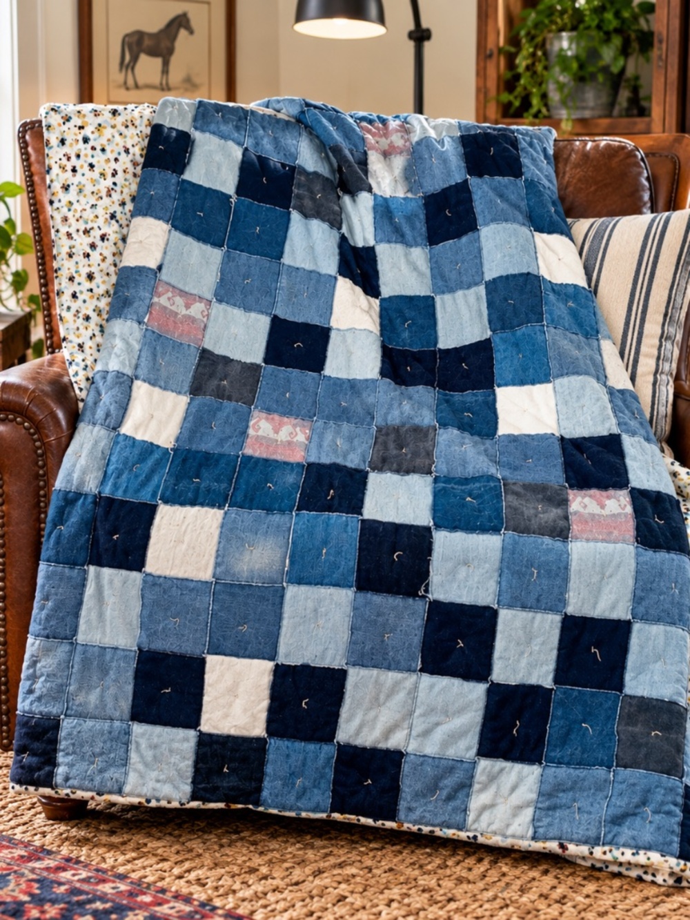Vintage Denim Patchwork Quilt Reversible Blue Jean Smiley 73x77